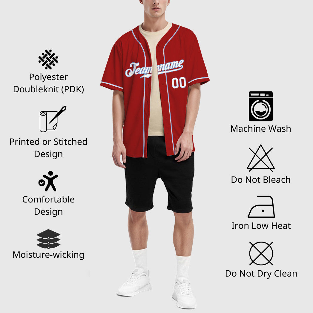 Custom Red White White-Light Blue Sleeve Baseball Jersey