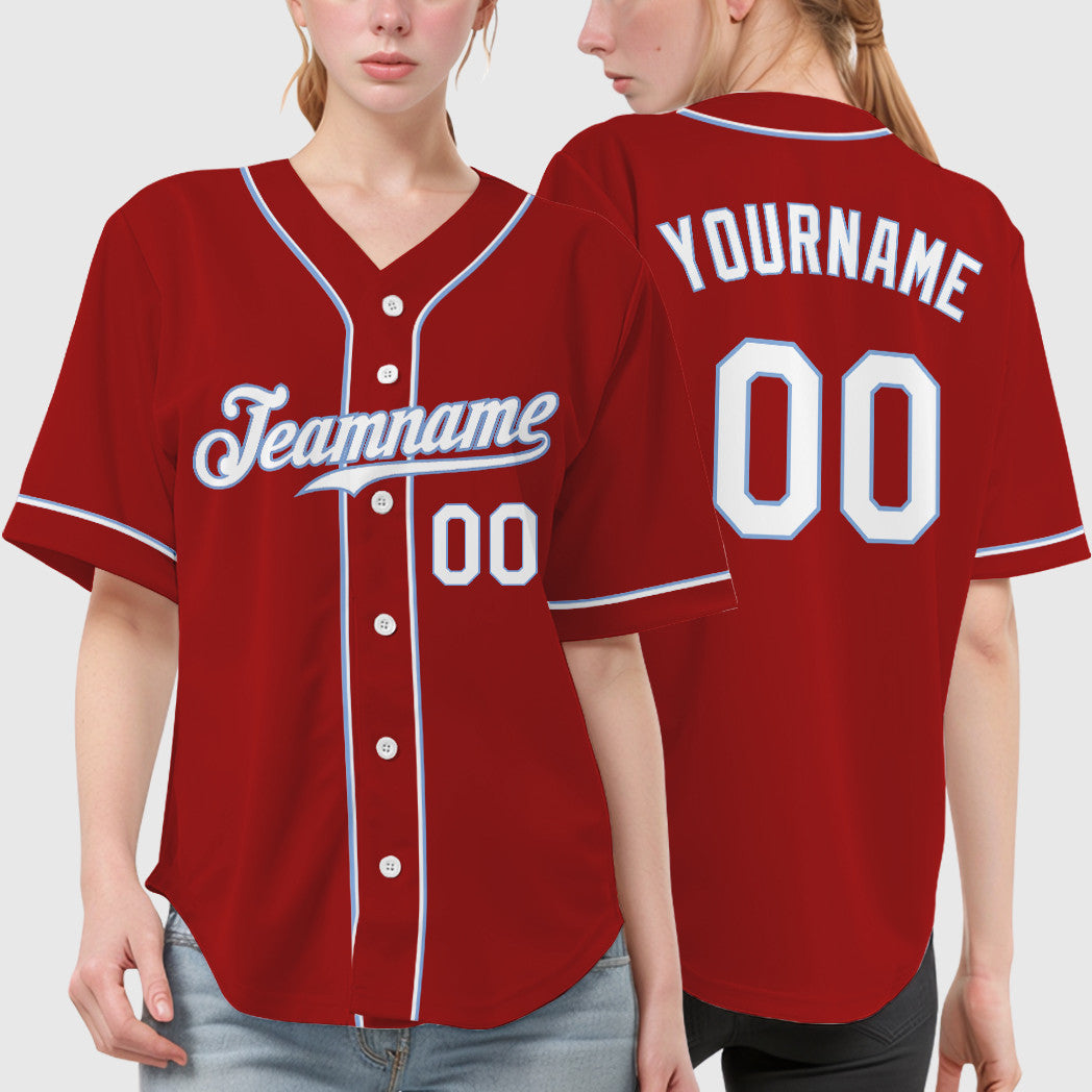 Custom Red White White-Light Blue Sleeve Baseball Jersey