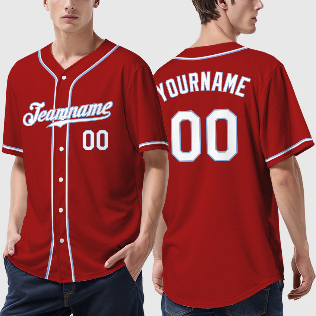 Custom Red White White-Light Blue Sleeve Baseball Jersey