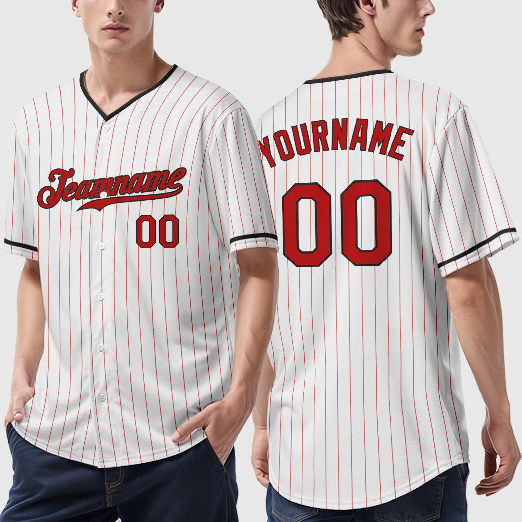 Custom White Red Red-Black Pinstripe Baseball Jersey