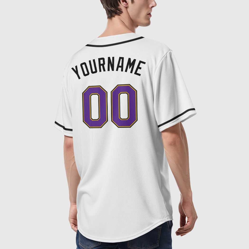Custom White Purple Purple Old Gold-Black Sleeve Baseball Jersey