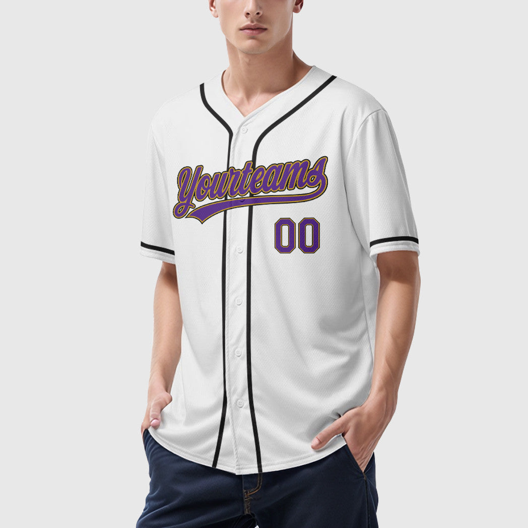 Custom White Purple Purple Old Gold-Black Sleeve Baseball Jersey