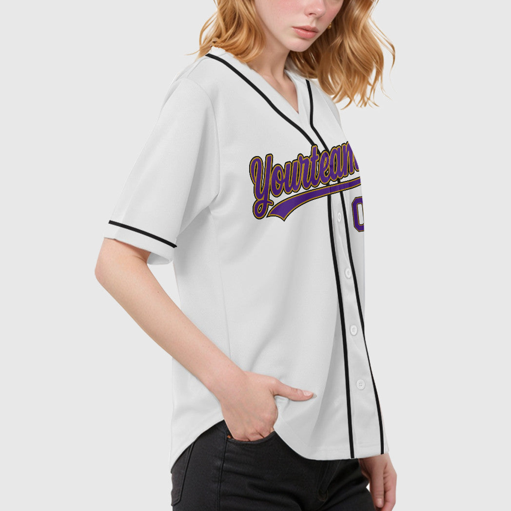 Custom White Purple Purple Old Gold-Black Sleeve Baseball Jersey