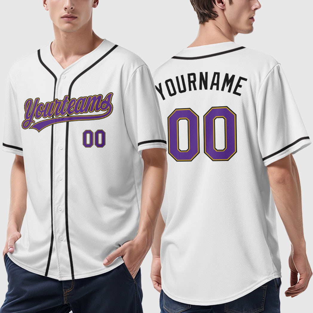 Custom White Purple Purple Old Gold-Black Sleeve Baseball Jersey