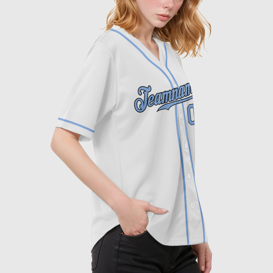 Custom White Light Blue Steel Gray Sleeve Baseball Jersey