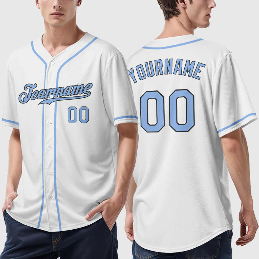 Custom White Light Blue Steel Gray Sleeve Baseball Jersey
