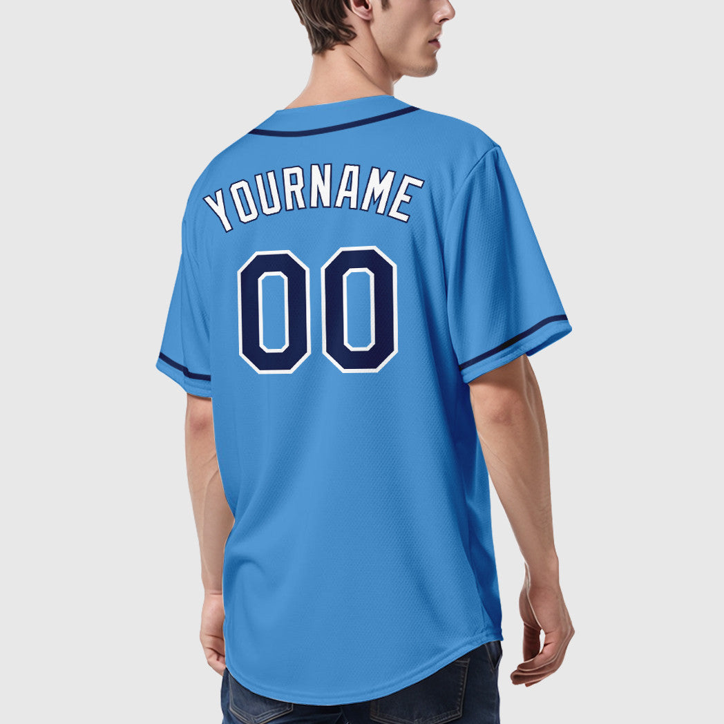 Custom Powder Blue White Navy-White Sleeve Baseball Jersey