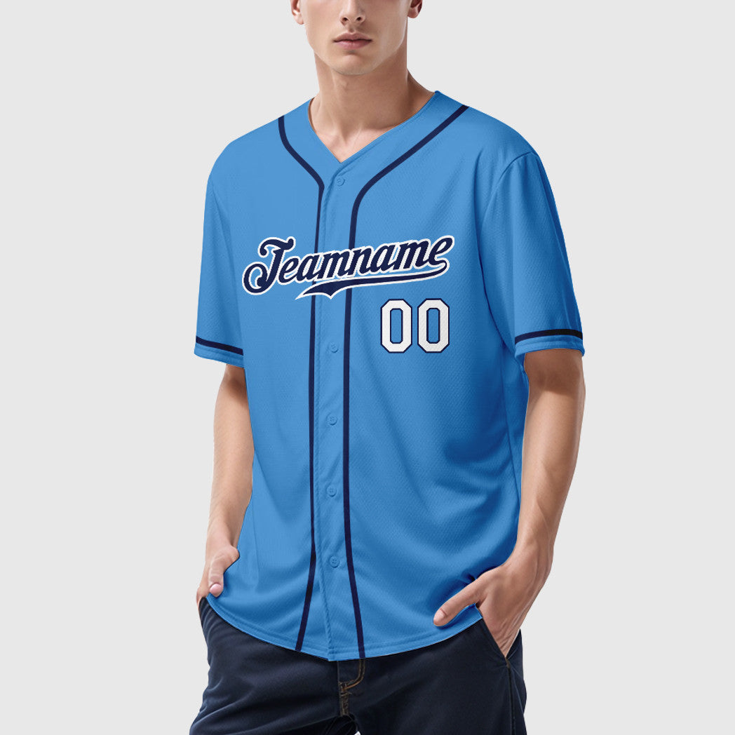 Custom Powder Blue White Navy-White Sleeve Baseball Jersey