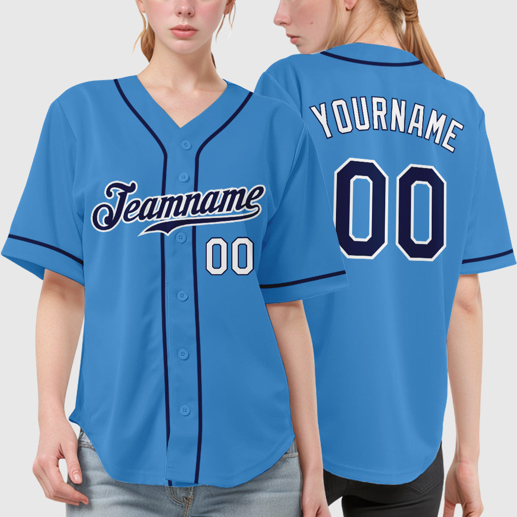 Custom Powder Blue White Navy-White Sleeve Baseball Jersey