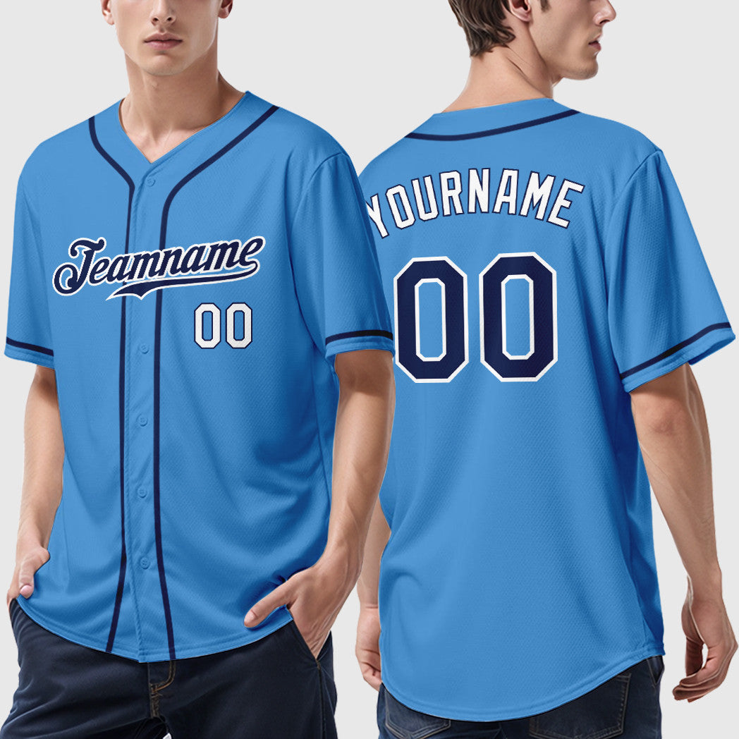 Custom Powder Blue White Navy-White Sleeve Baseball Jersey