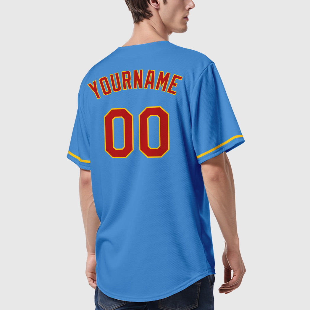 Custom Powder Blue Red Red-Gold Baseball Jersey