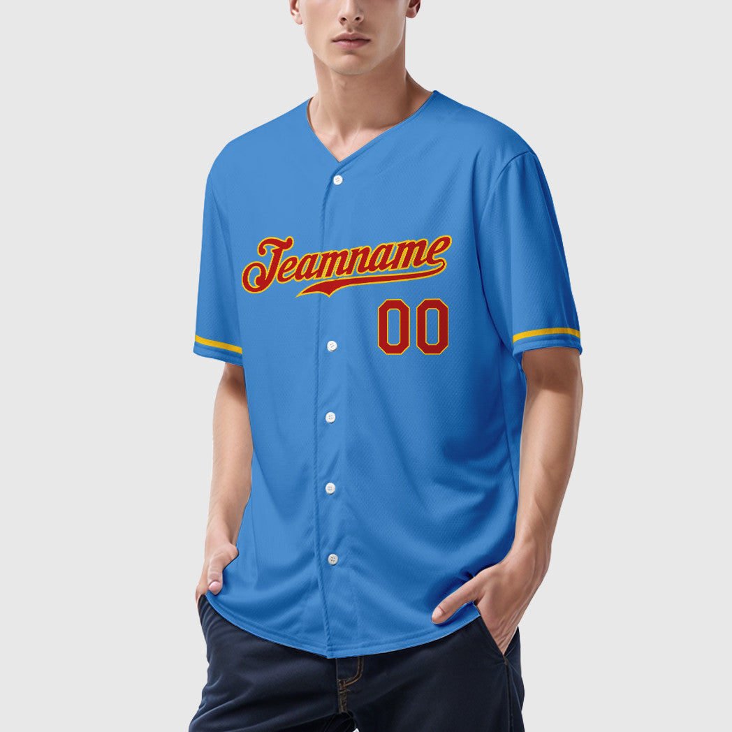 Custom Powder Blue Red Red-Gold Baseball Jersey
