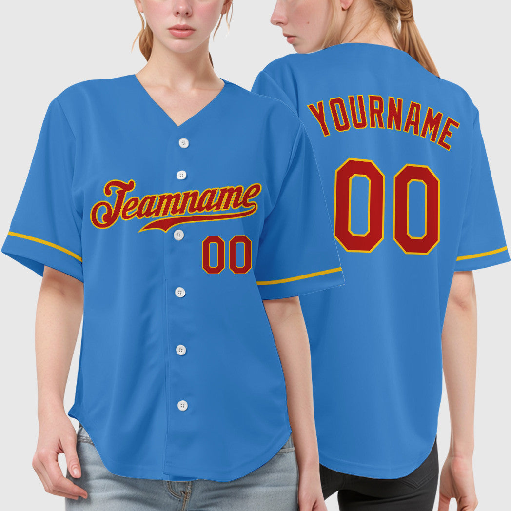 Custom Powder Blue Red Red-Gold Baseball Jersey