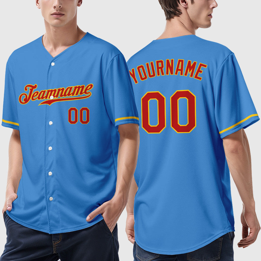 Custom Powder Blue Red Red-Gold Baseball Jersey