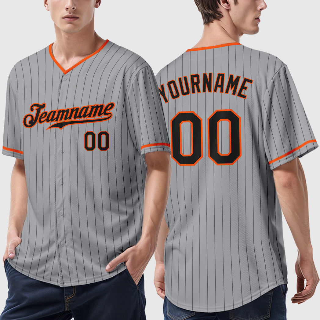 Custom Gray Black Black-Orange Pinstripe Baseball Jersey