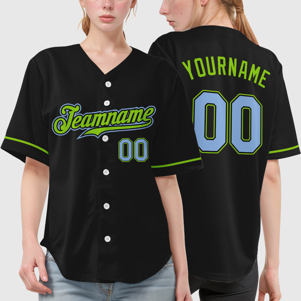 Custom Black Light Blue Light Blue-Neon Green Baseball Jersey