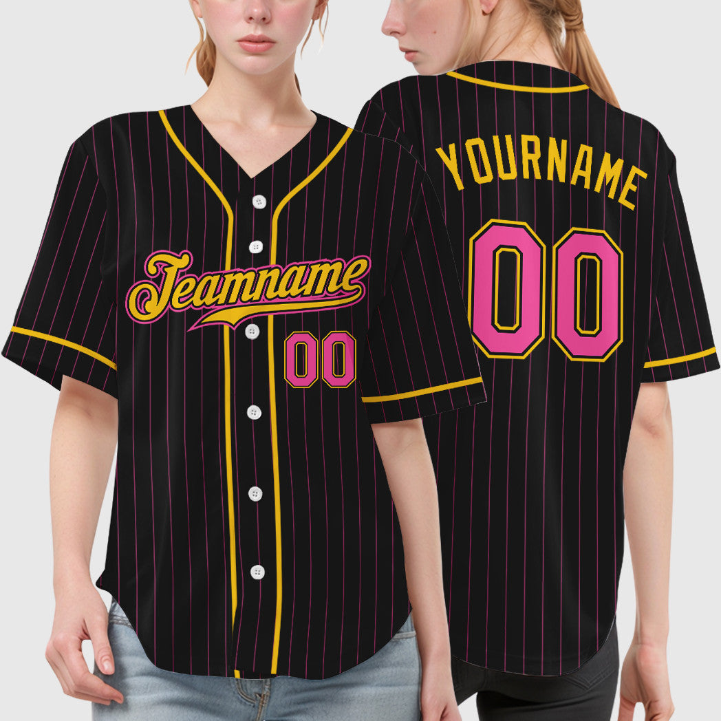 Custom Black Pink Pink-Yellow Piping Pinstripe Baseball Jersey