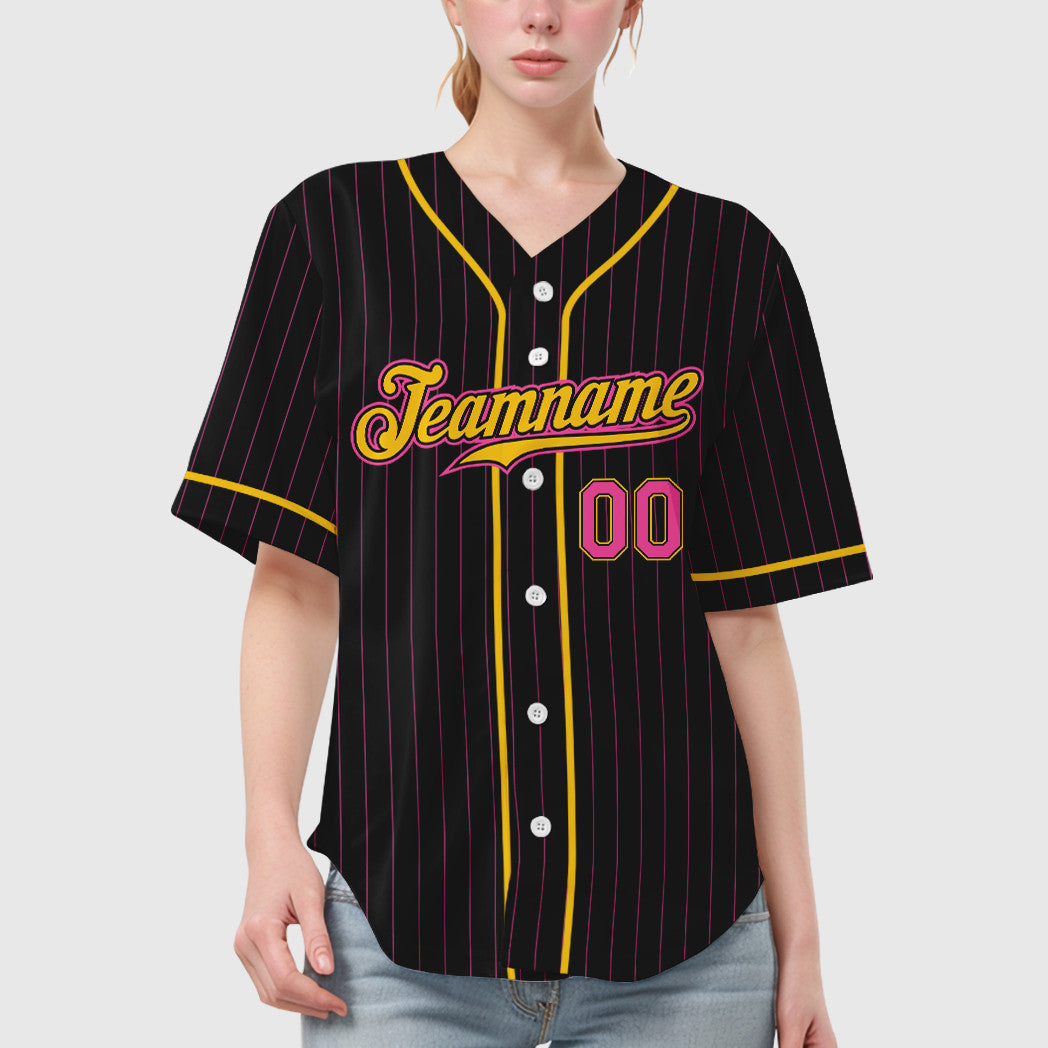 Custom Black Pink Pink-Yellow Piping Pinstripe Baseball Jersey