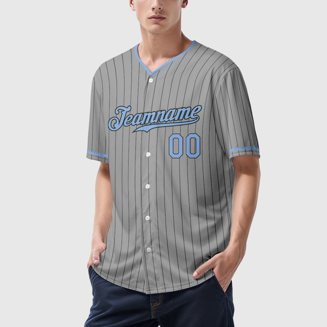 Custom Gray Black Light Blue Pinstripe Baseball Jersey