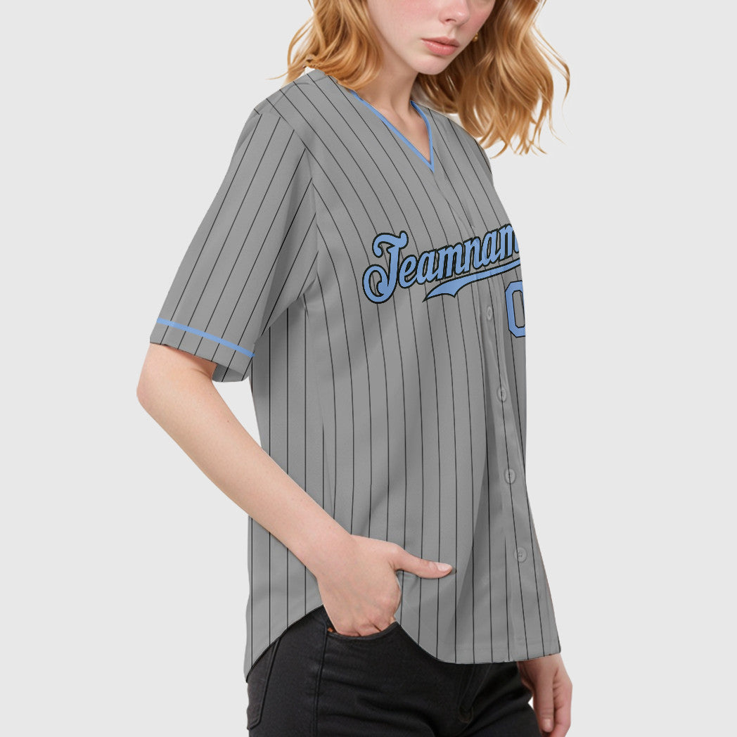 Custom Gray Black Light Blue Pinstripe Baseball Jersey