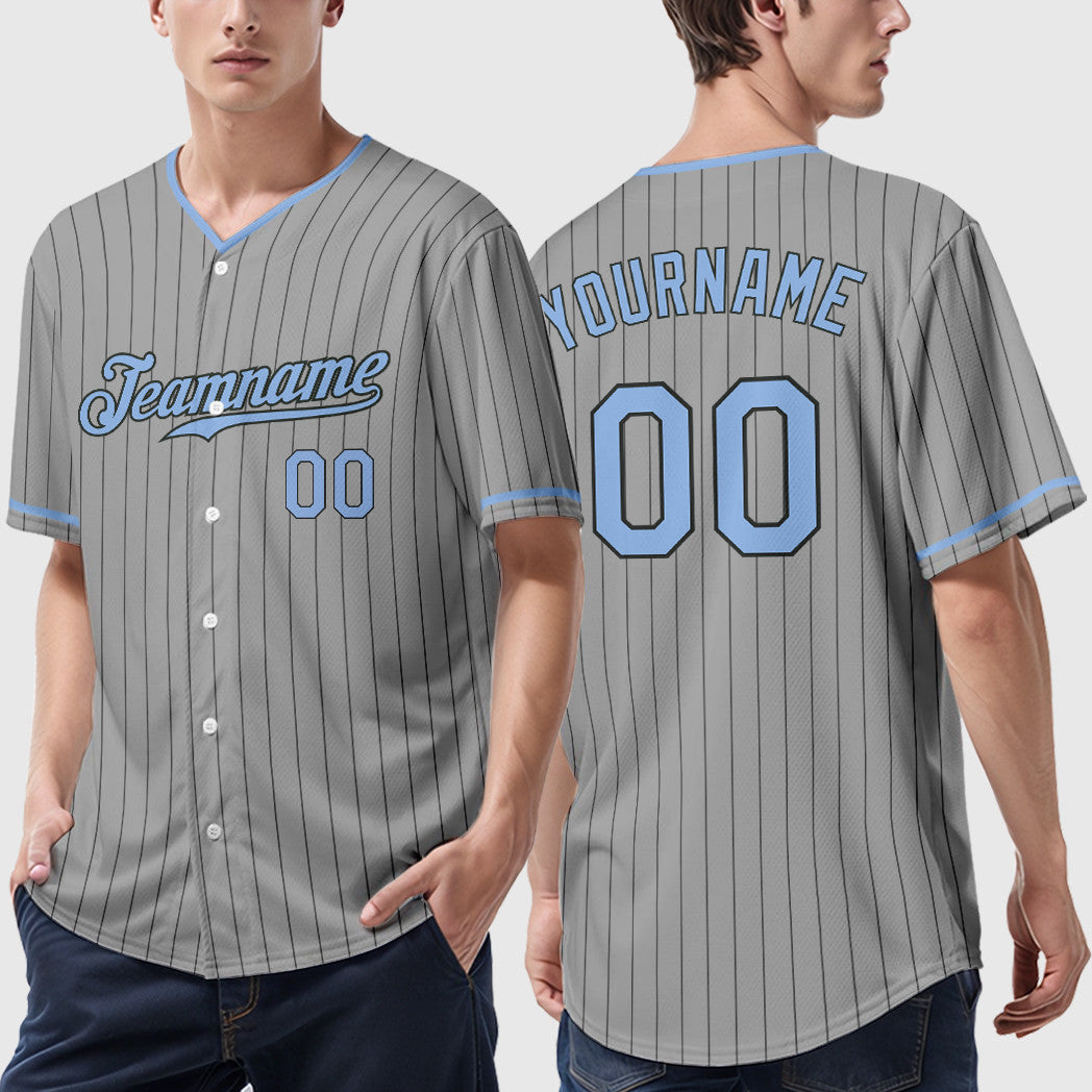 Custom Gray Black Light Blue Pinstripe Baseball Jersey