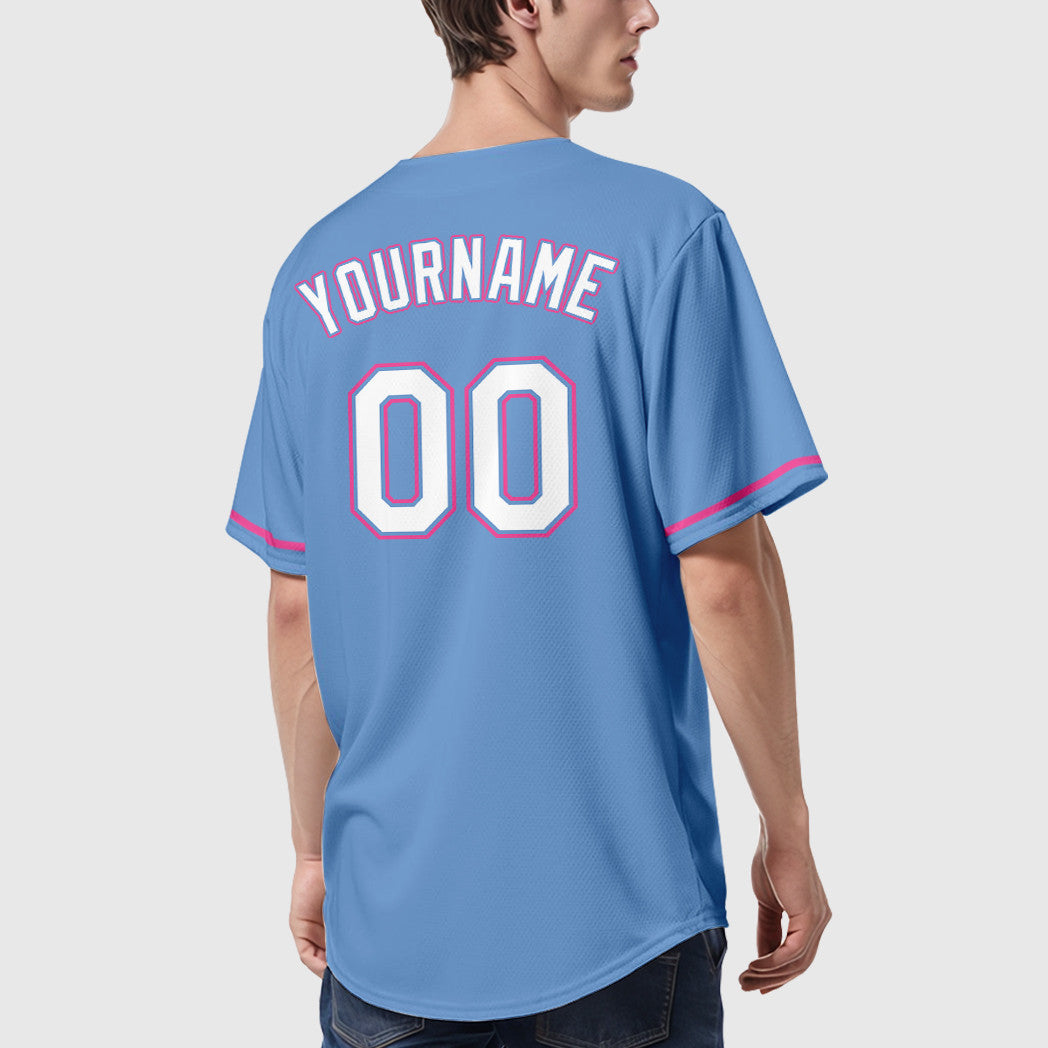 Custom Light Blue White Pink Baseball Jersey