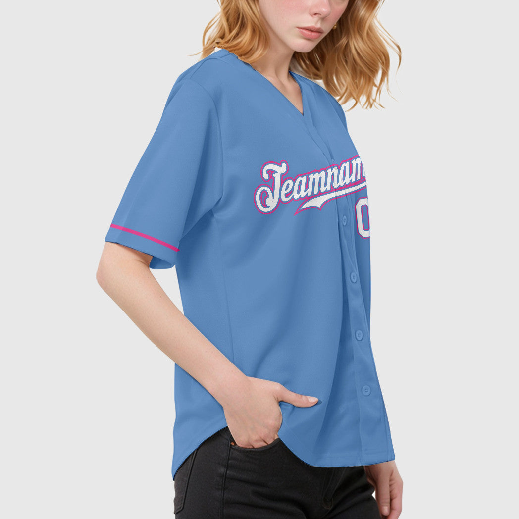 Custom Light Blue White Pink Baseball Jersey