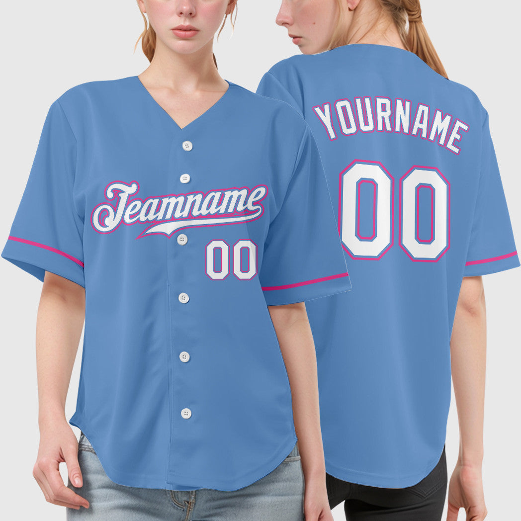 Custom Light Blue White Pink Baseball Jersey