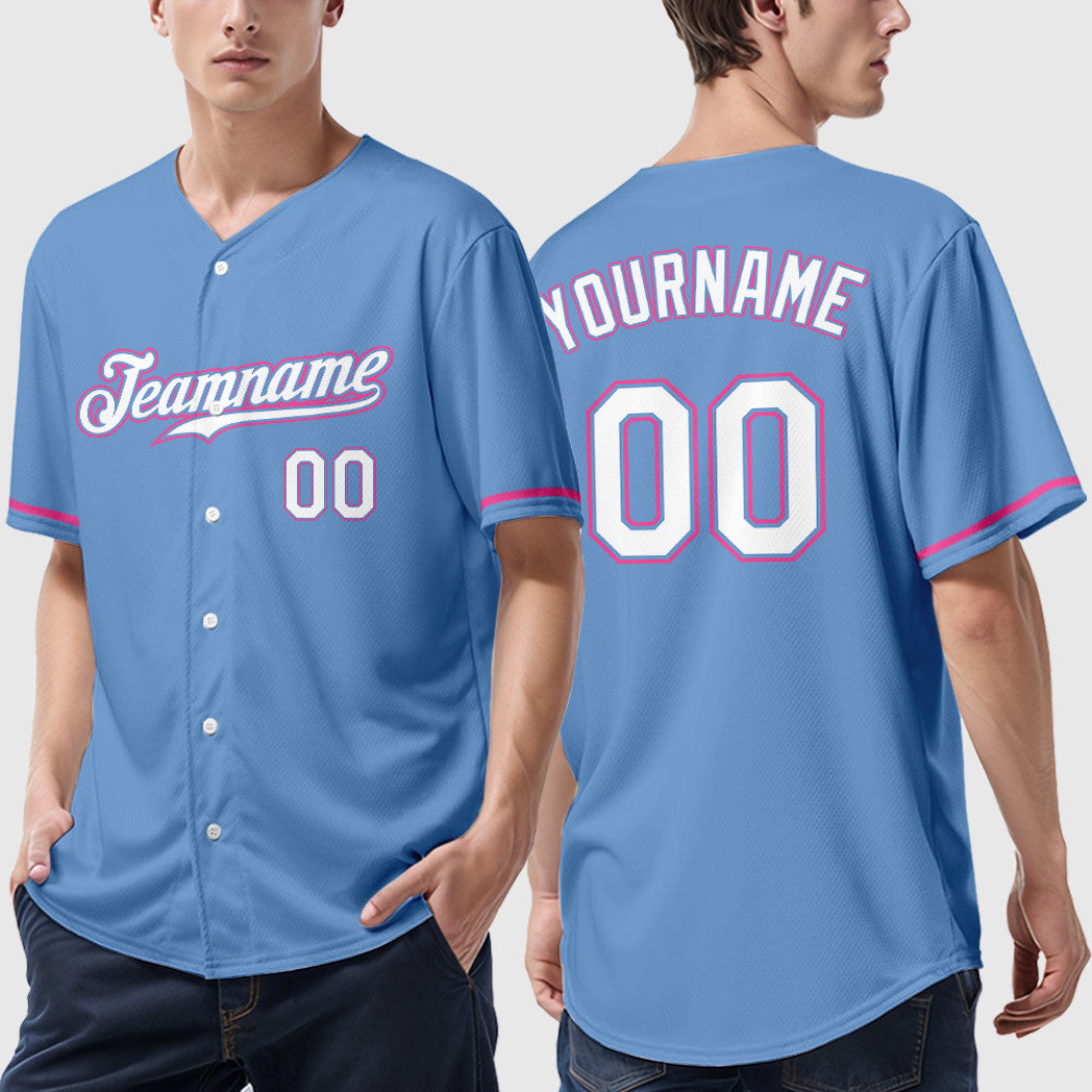 Custom Light Blue White Pink Baseball Jersey