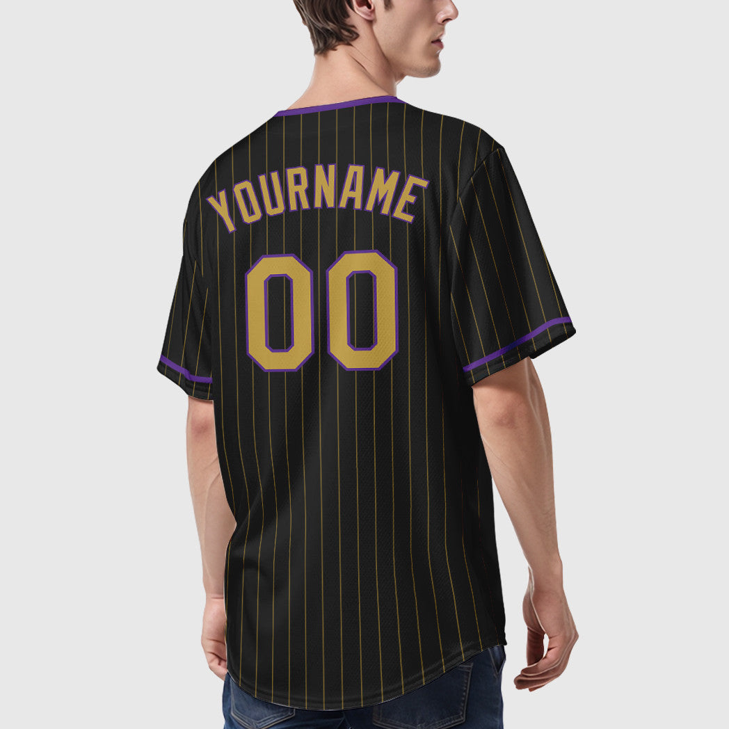 Custom Black Old Gold Old Gold-Purple Pinstripe Baseball Jersey