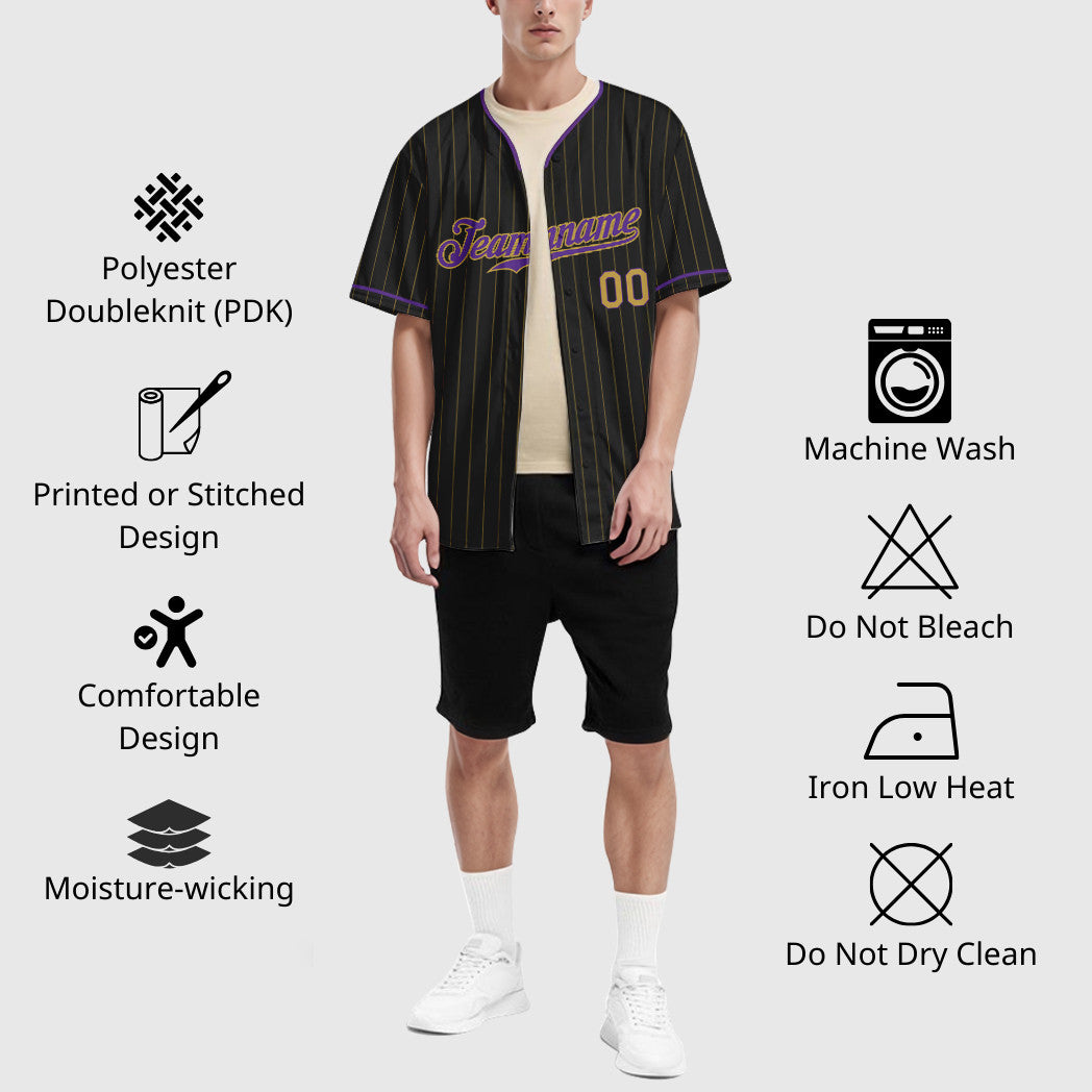 Custom Black Old Gold Old Gold-Purple Pinstripe Baseball Jersey
