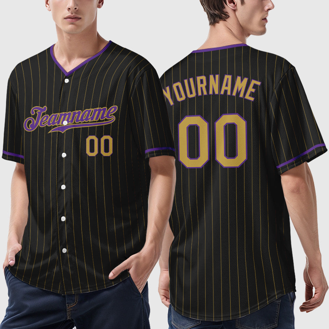 Custom Black Old Gold Old Gold-Purple Pinstripe Baseball Jersey