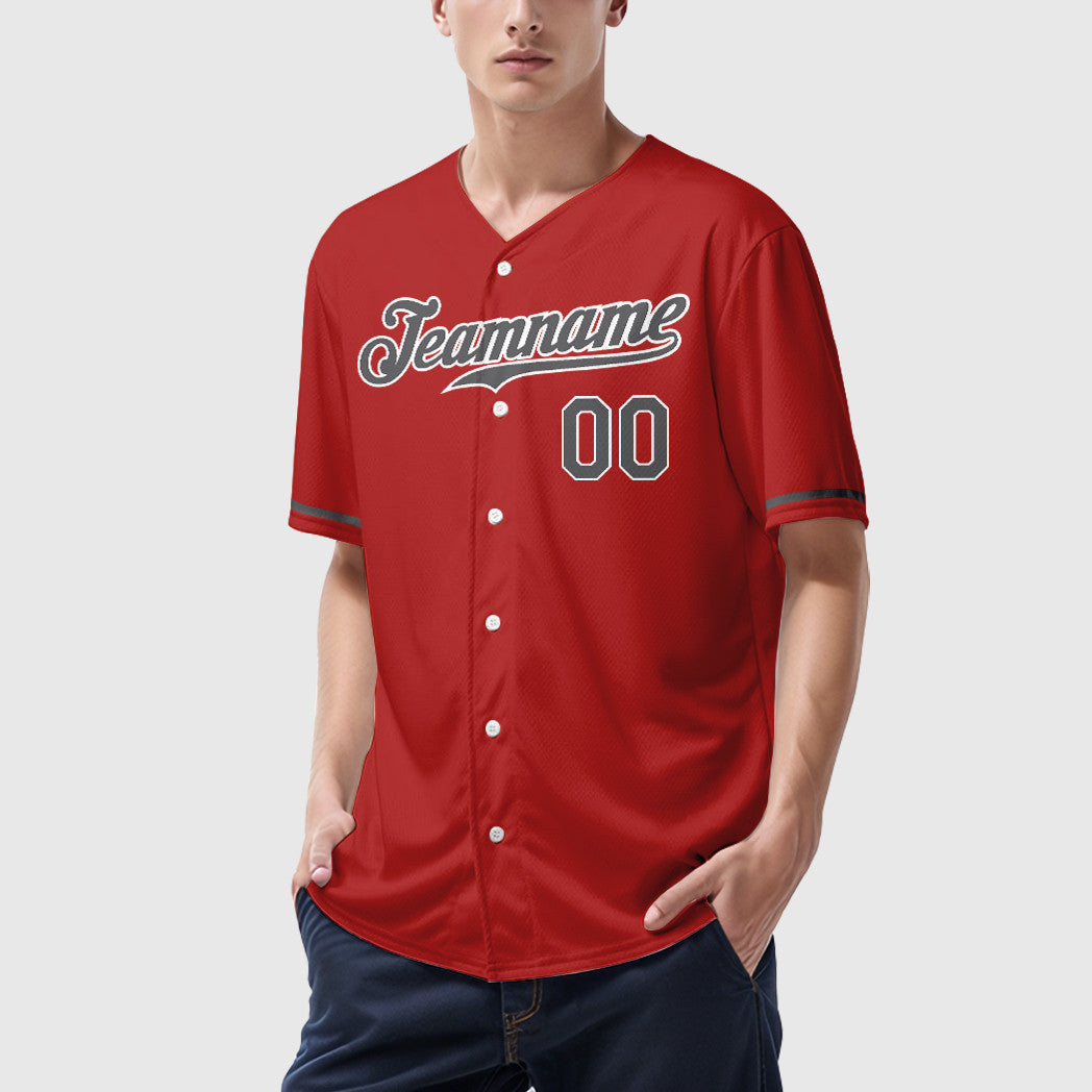 Custom Red White Steel Gray Baseball Jersey