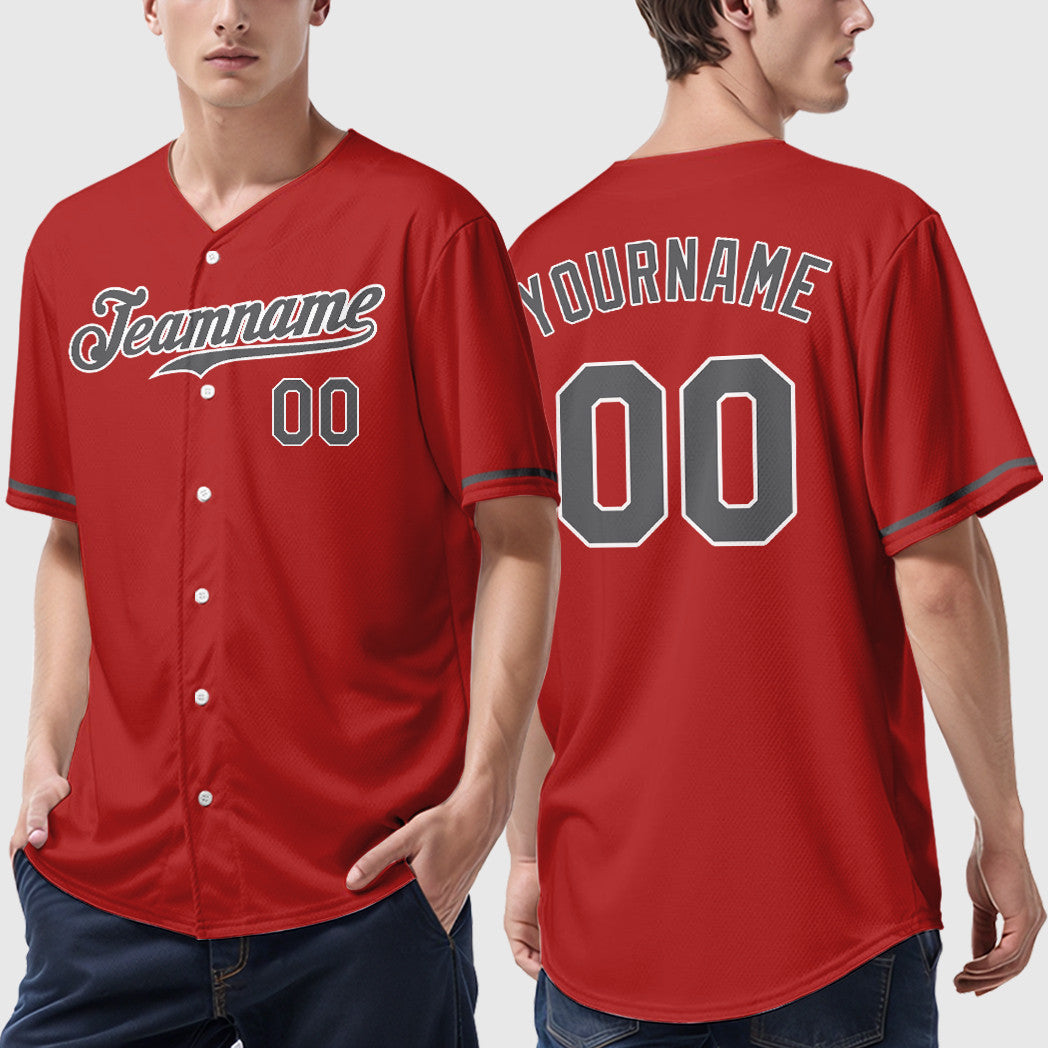 Custom Red White Steel Gray Baseball Jersey