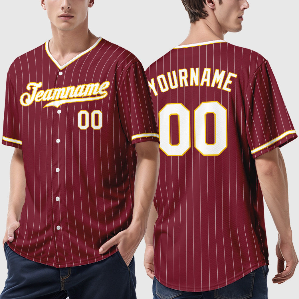 Custom Crimson White White-Gold Pinstripe Baseball Jersey