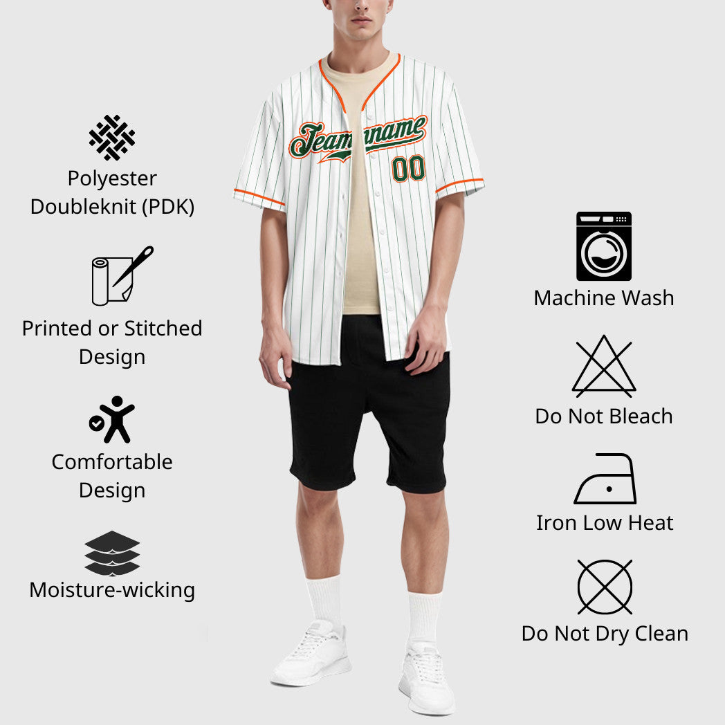 Custom White Green Green-Orange Pinstripe Baseball Jersey