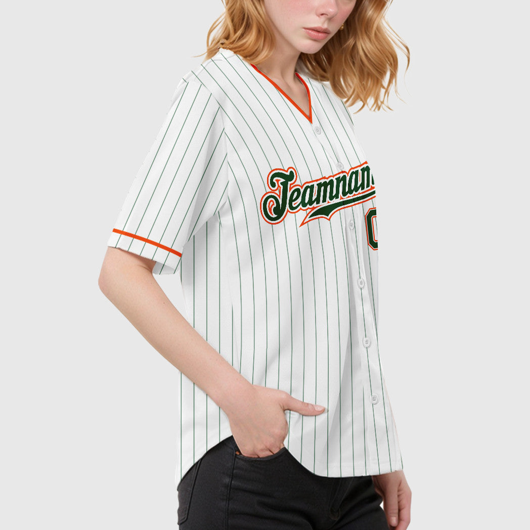 Custom White Green Green-Orange Pinstripe Baseball Jersey