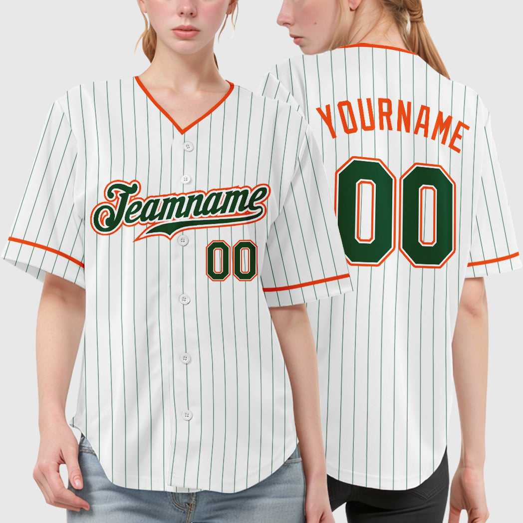 Custom White Green Green-Orange Pinstripe Baseball Jersey