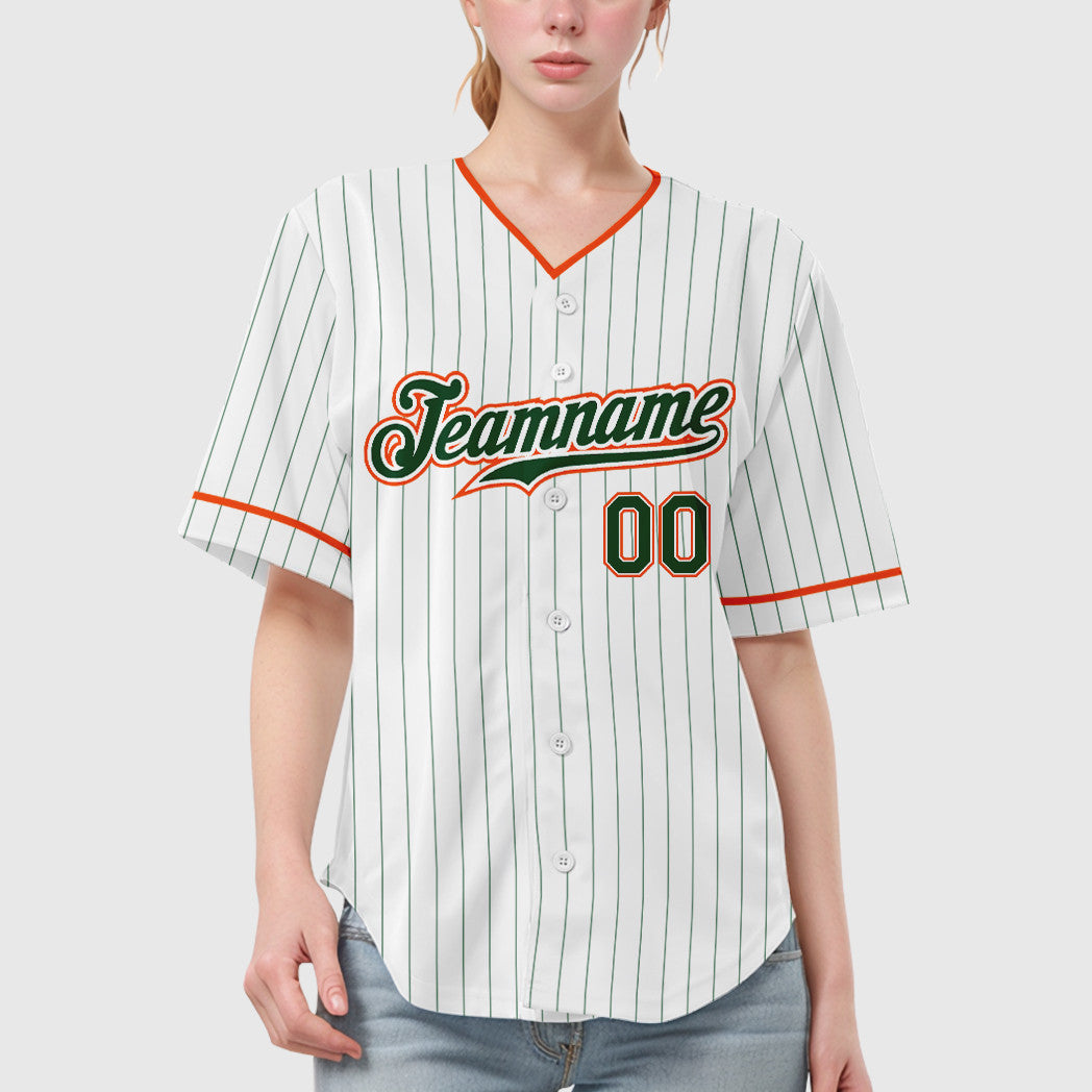 Custom White Green Green-Orange Pinstripe Baseball Jersey