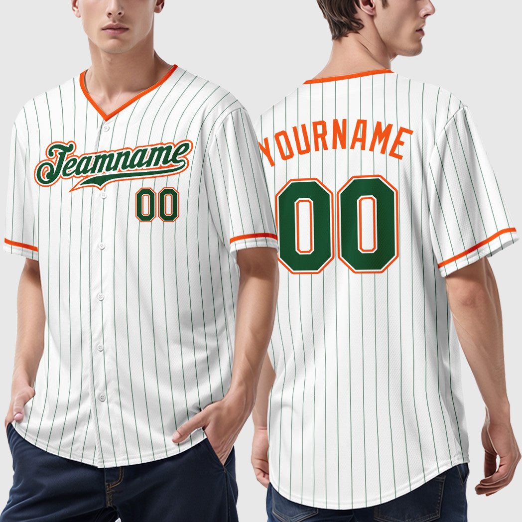 Custom White Green Green-Orange Pinstripe Baseball Jersey