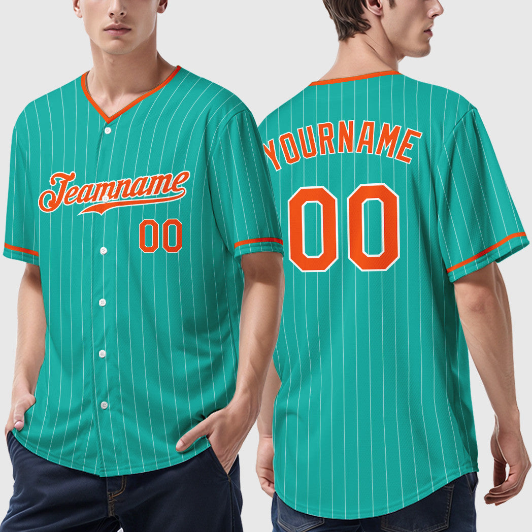 Custom Aqua White Orange Pinstripe Baseball Jersey