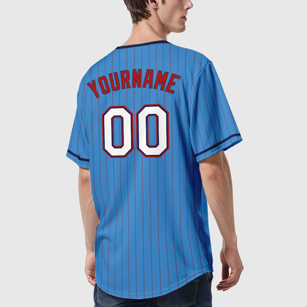 Custom Powder Blue Red White-Navy Pinstripe Baseball Jersey