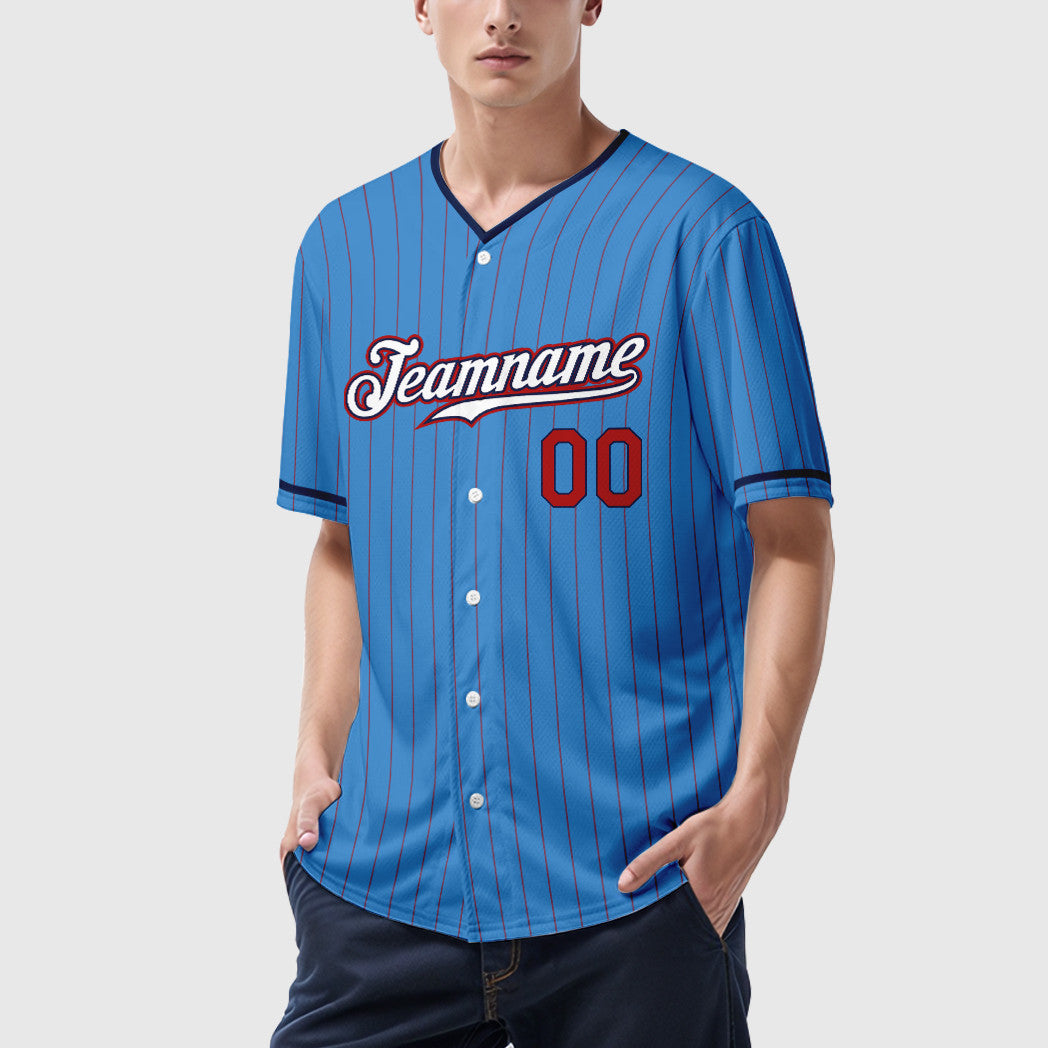 Custom Powder Blue Red White-Navy Pinstripe Baseball Jersey