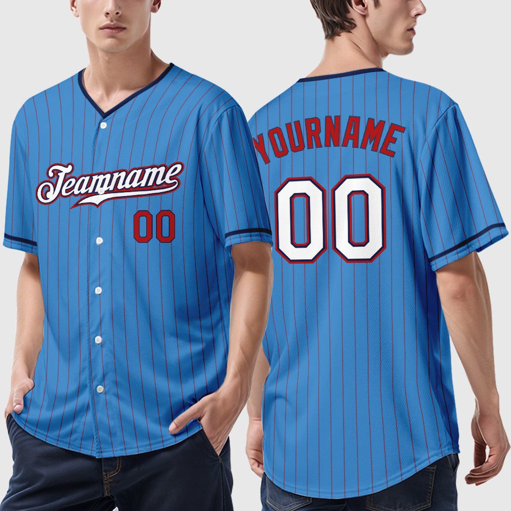 Custom Powder Blue Red White-Navy Pinstripe Baseball Jersey