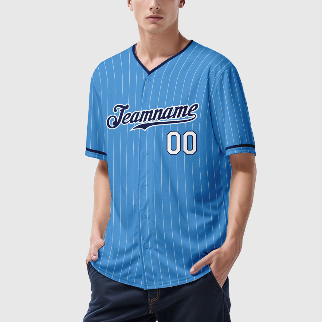 Custom Powder Blue White Navy-White Pinstripe Baseball Jersey