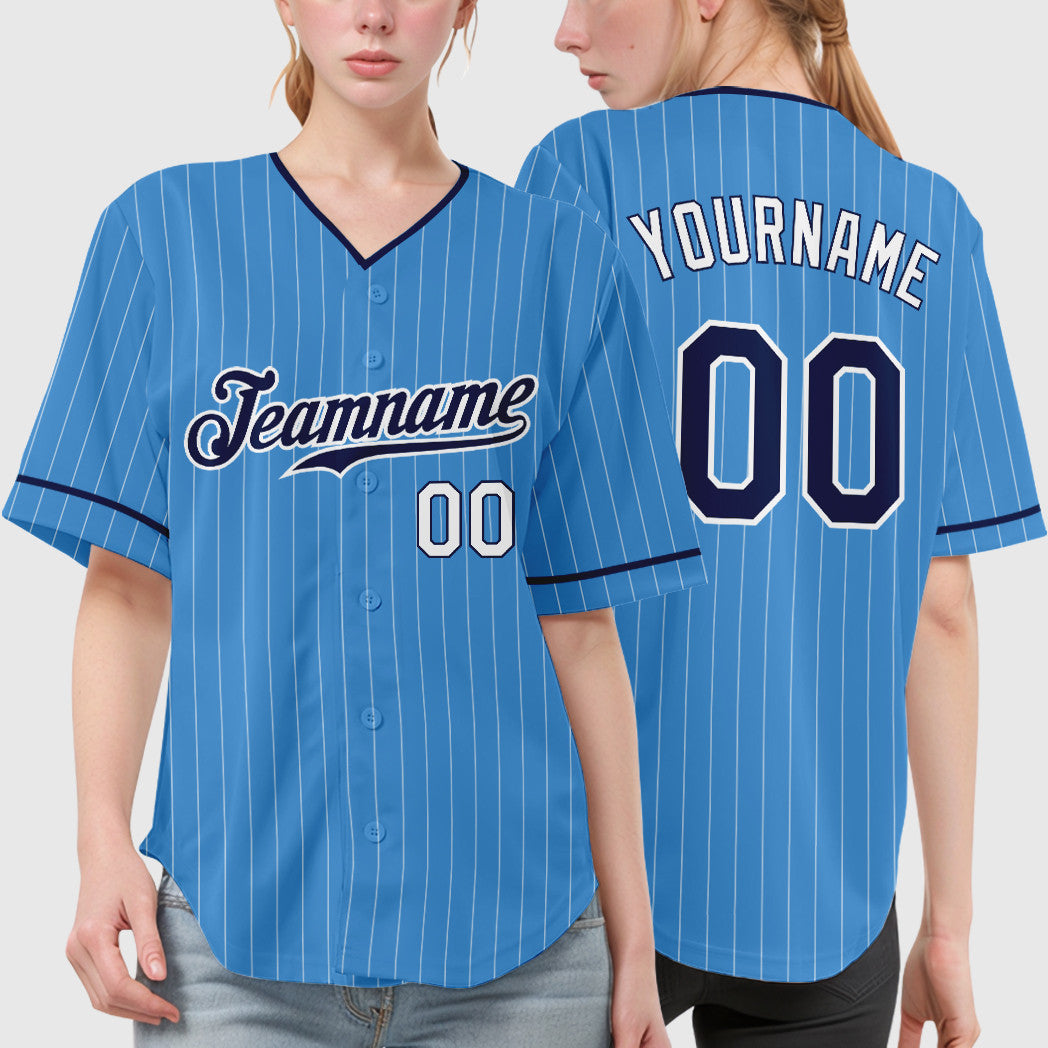 Custom Powder Blue White Navy-White Pinstripe Baseball Jersey