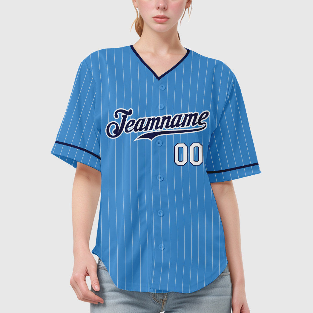 Custom Powder Blue White Navy-White Pinstripe Baseball Jersey