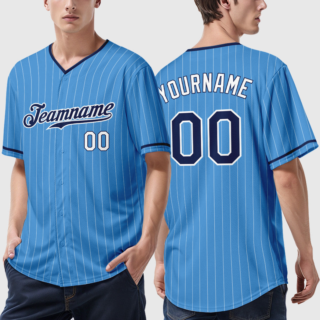 Custom Powder Blue White Navy-White Pinstripe Baseball Jersey