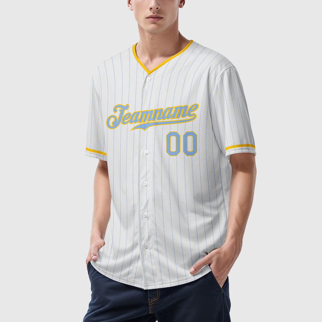 Custom White Light Blue Light Blue-Yellow Pinstripe Baseball Jersey