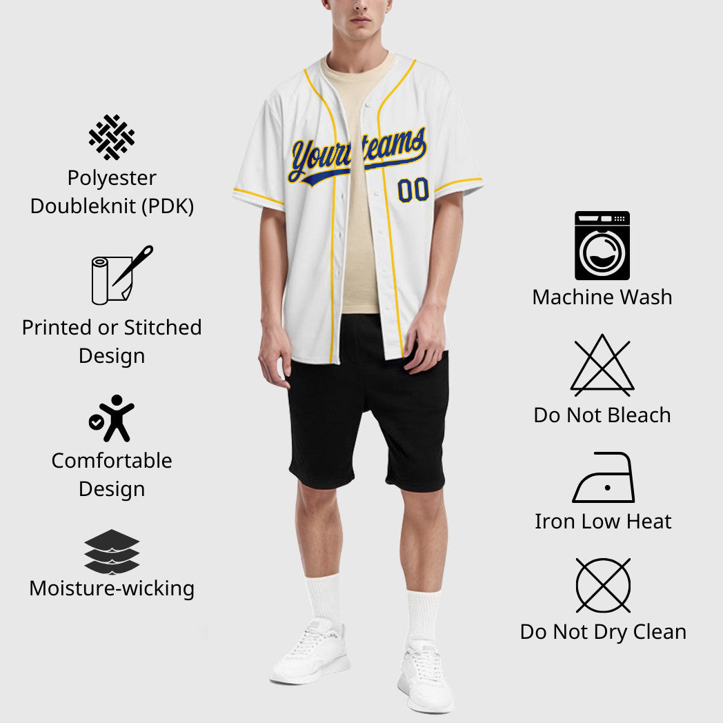 Custom White Royal Royal-Yellow Sleeve Baseball Jersey